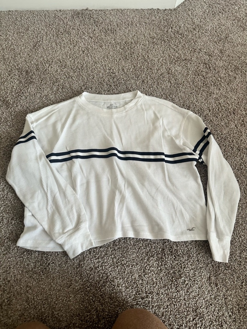 Hollister White Waffle Knit Long-Sleeve Sweater with Navy Stripes